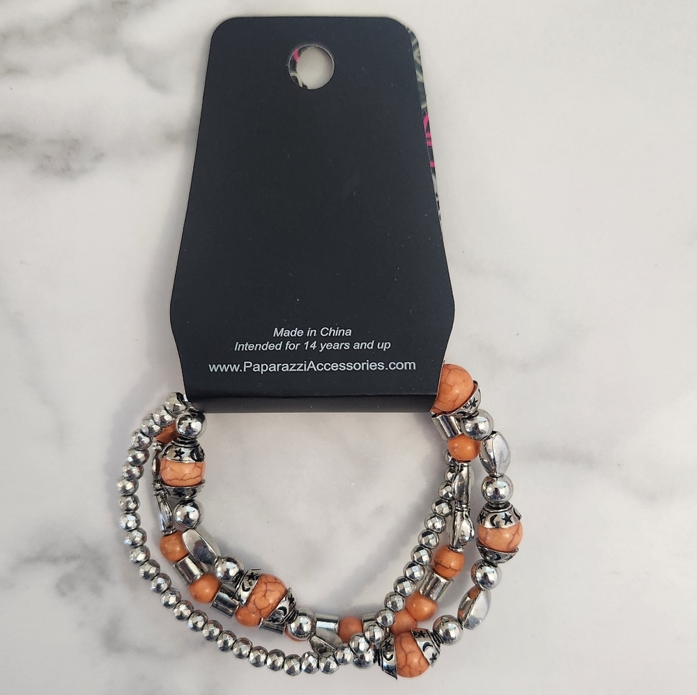 NWT Paparazzi Bold Silver & Orange Beaded Bracelet Set - Picture 5 of 8